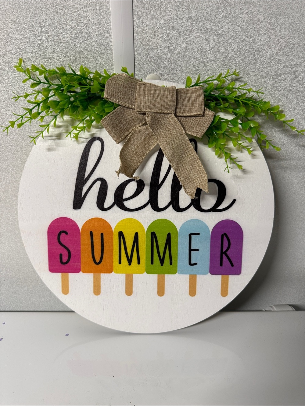 Hello Summer Popsicle Round Wall Sign - White with Multicolor Pops (larger size)